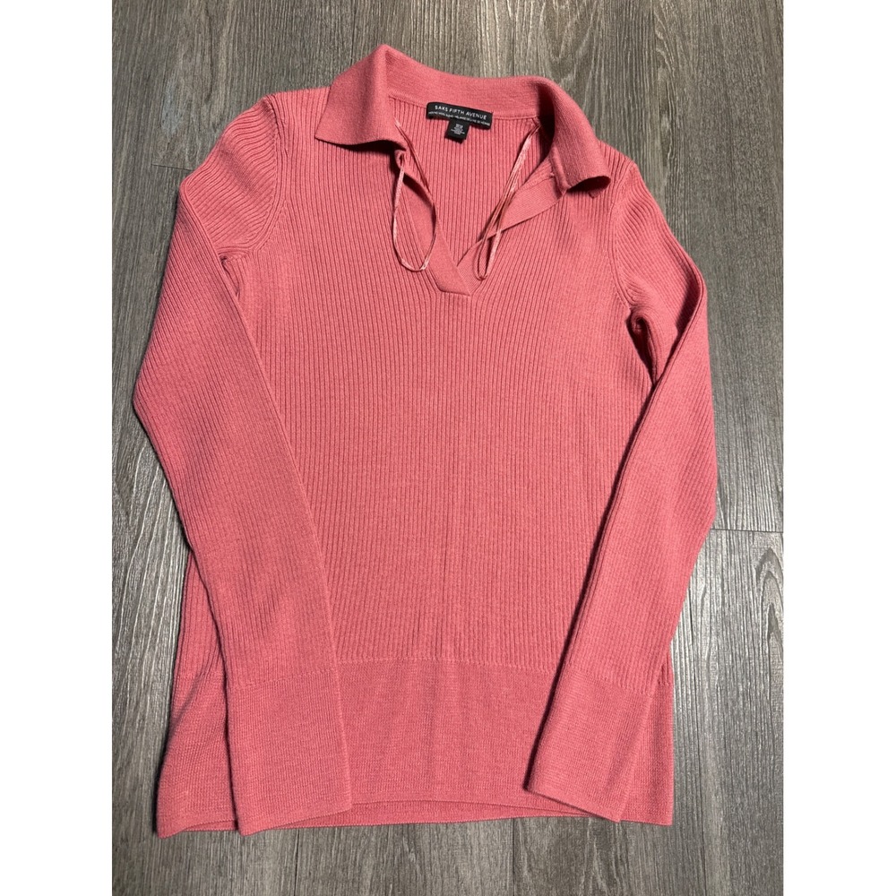 Saks Fifth Avenue Merino Wool Blend Ribbed Polo Sweater Pink XS
